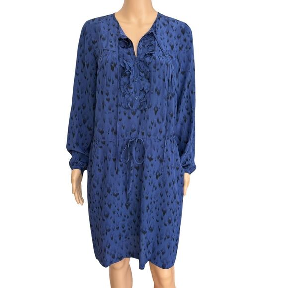 REBECCA TAYLOR animal print 100% silk front frill dress size 4 - Picture 1 of 8